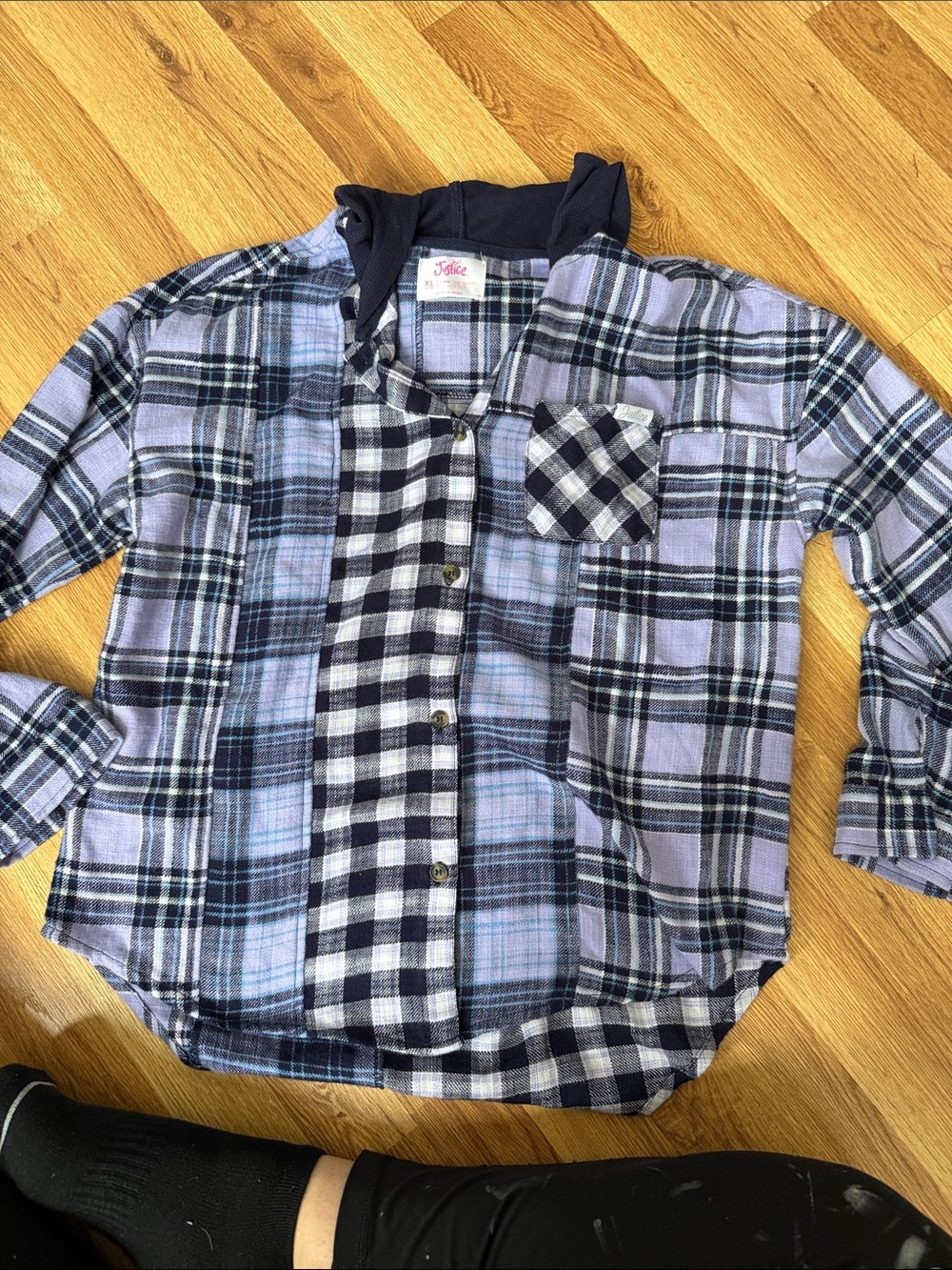 Justice Lavender and Black Plaid Button-Down Hooded Shirt kids XL